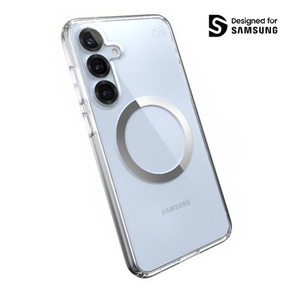 Speck Presidio Perfect-Clear Magnet - Samsung Galaxy S25+ / S24+ MagSafe dėklas (Skaidrus / Chromo apdaila / Serene Silver)