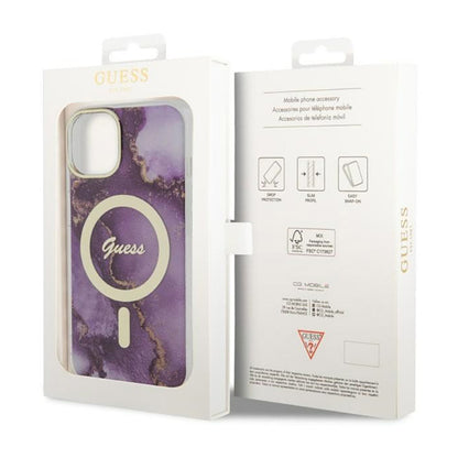 Guess Golden Marble MagSafe – Dėklas, skirtas „iPhone 14“ (Violetinis)
