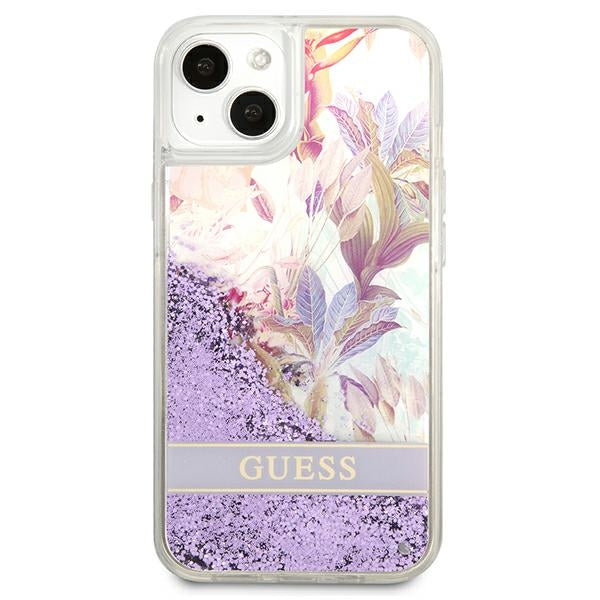 Guess Liquid Glitter Flower – „iPhone 13 mini“ dėklas (violetinis)