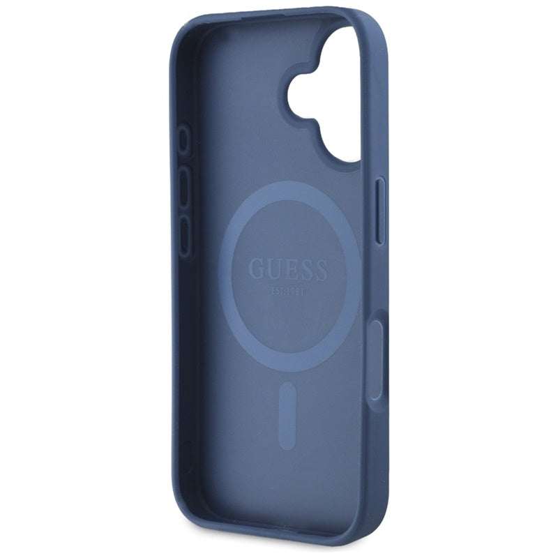 Guess MagSafe dėklas, skirtas iPhone 16 su grūdėta gėlių spauda (mėlynas)