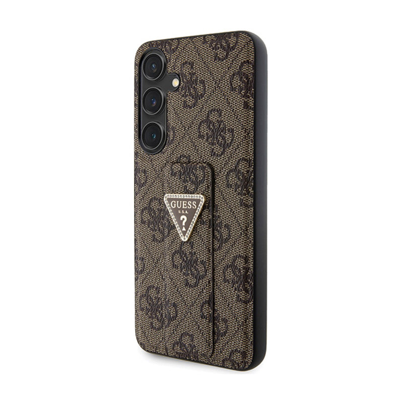 Guess Grip Stand 4G Triangle Strass Logo – dėklas „Samsung Galaxy S24“ (rudas)