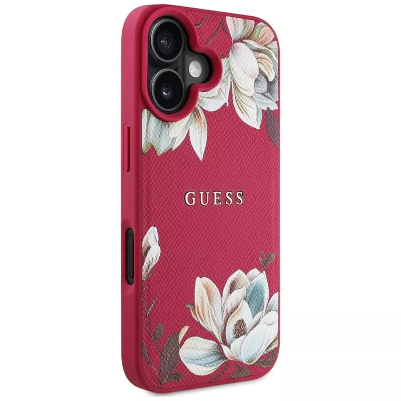 Guess Grained Printed Flower Pattern MagSafe – Dėklas iPhone 16 (fuksijos spalvos)