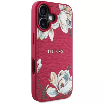 Guess Grained Printed Flower Pattern MagSafe – Dėklas iPhone 16 (fuksijos spalvos)