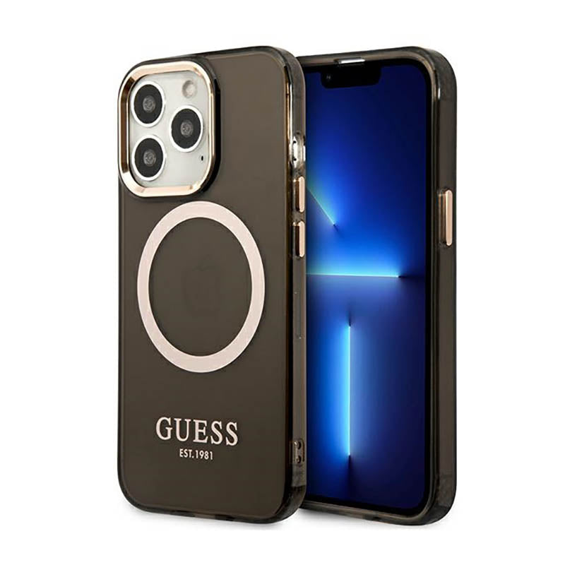 Guess Gold Outline Translucent MagSafe - iPhone 13 Pro Max dėklas (juodas)