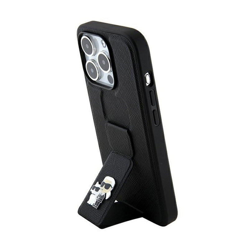Karl Lagerfeld Gripstand Saffiano Karl & Choupette Pins - iPhone 14 Pro dėklas (juodas)