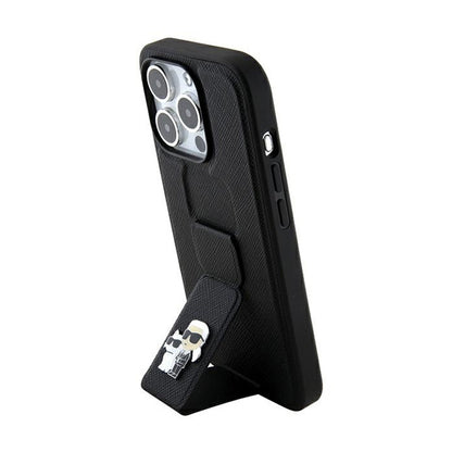Karl Lagerfeld Gripstand Saffiano Karl & Choupette Pins - iPhone 14 Pro dėklas (juodas)