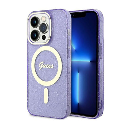 Guess Glitter Gold MagSafe – dėklas, skirtas iPhone 14 Pro Max (Violetinė)