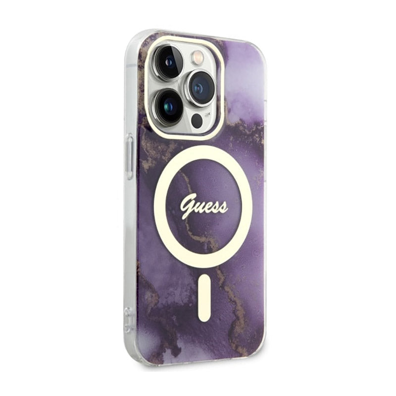 Guess Golden Marble MagSafe – dėklas, skirtas iPhone 14 Pro (Violetinė)