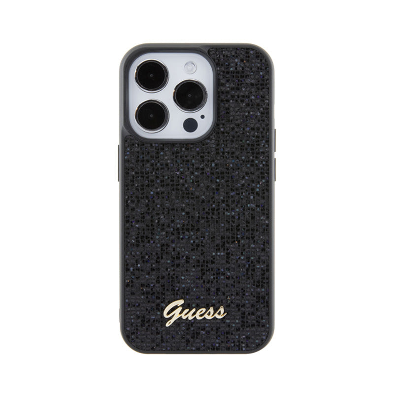 Guess Disco Metal Script – dėklas, skirtas iPhone 15 Pro, juodas