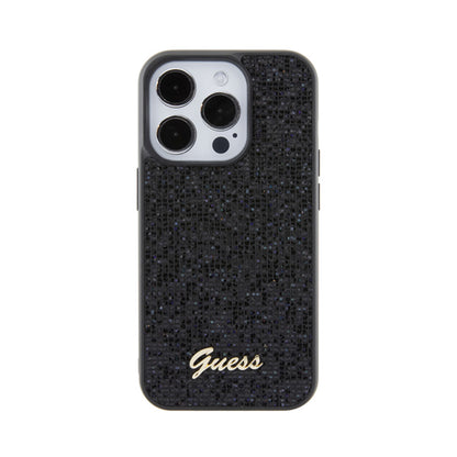 Guess Disco Metal Script – dėklas, skirtas iPhone 15 Pro, juodas