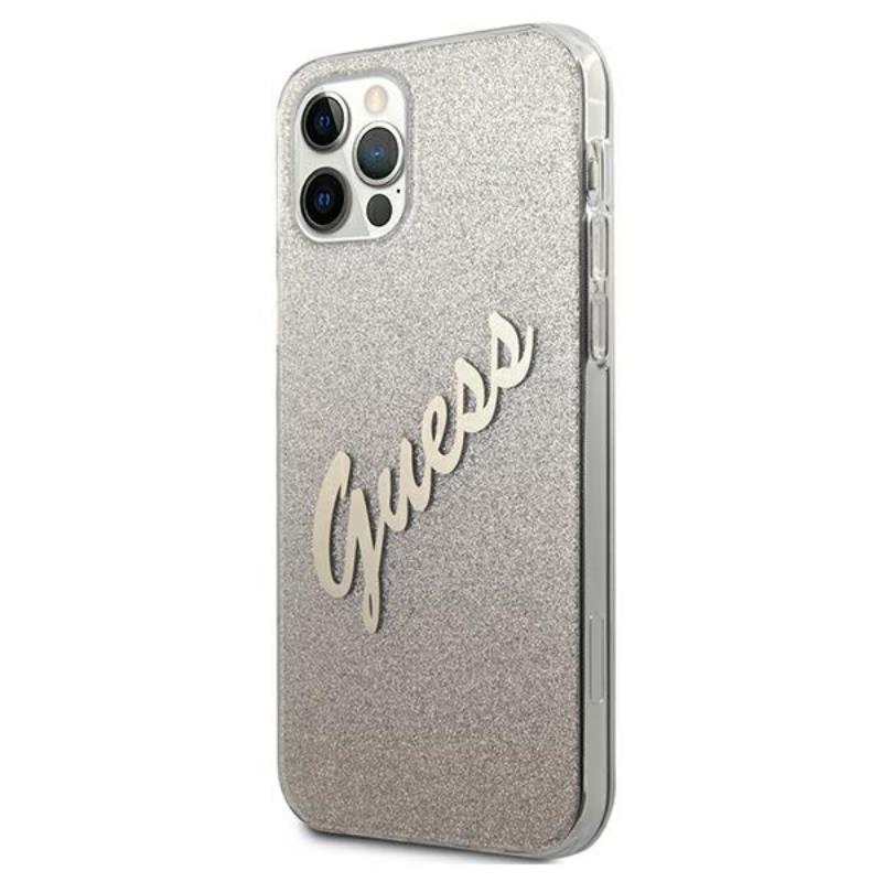 Guess Glitter Gradient Script – dėklas iPhone 12 Pro Max (aukso)