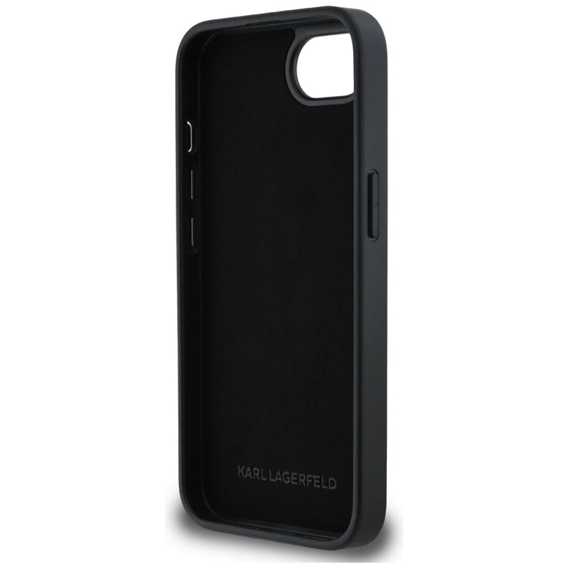 Karl Lagerfeld Dėklas iPhone 16e (juodas) su fiksuotais Karl & Choupette galvų metalo smeigtukais su blizgučiais
