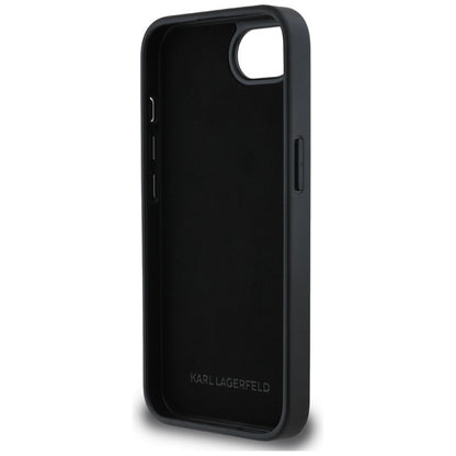Karl Lagerfeld Dėklas iPhone 16e (juodas) su fiksuotais Karl & Choupette galvų metalo smeigtukais su blizgučiais