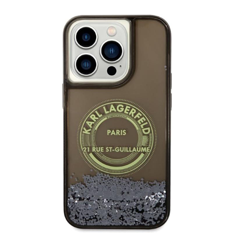 Karl Lagerfeld Liquid Glitter Round RSG Logo dėklas – dėklas, skirtas iPhone 14 Pro (juodas)