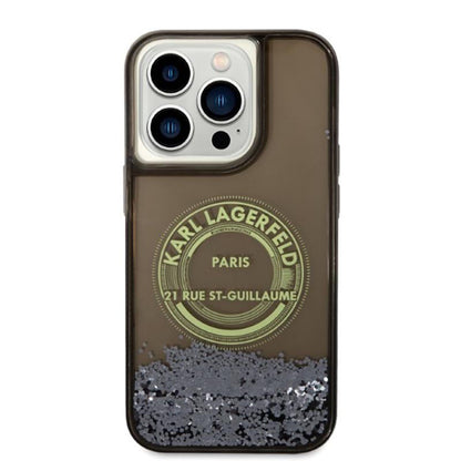 Karl Lagerfeld Liquid Glitter Round RSG Logo dėklas – dėklas, skirtas iPhone 14 Pro (juodas)