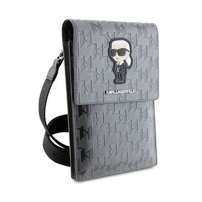 Karl Lagerfeld Saffiano Monogram Ikonik – Telefono krepšys per petį (sidabro spalvos)