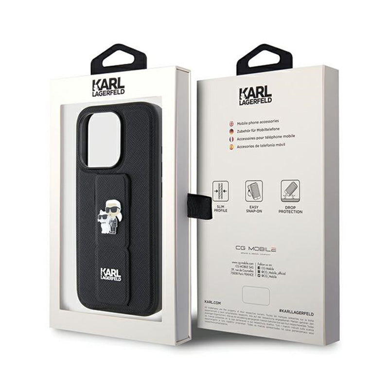 Karl Lagerfeld Gripstand Saffiano Karl & Choupette Pins - iPhone 14 Pro dėklas (juodas)