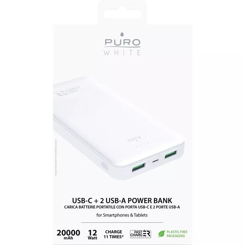PURO baltas greitasis įkroviklis – nešiojama baterija išmaniesiems telefonams ir planšetiniams kompiuteriams, 20000 mAh, 2xUSB-A + 1xUSB-C (balta)