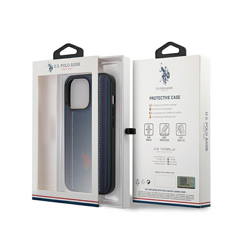 US Polo Assn Leather Stitch – dėklas, skirtas iPhone 14 Pro Max (tamsiai mėlynos spalvos)