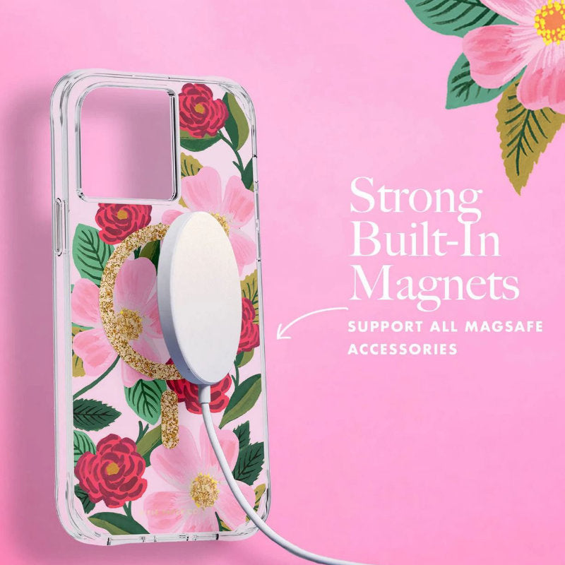 Rifle Paper Clear MagSafe - dėklas dekoruotas auksu, skirtas iPhone 14 / iPhone 13 (Rose Garden)