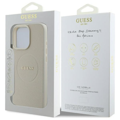 Guess Grained Ring MagSafe – dėklas, skirtas „iPhone 16 Pro Max“ (smėlio spalvos)