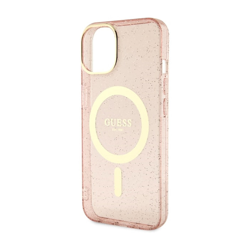 Guess Glitter Gold MagSafe – dėklas, skirtas „iPhone 14 Plus“ (rožinis)