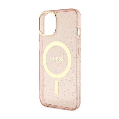 Guess Glitter Gold MagSafe – dėklas, skirtas „iPhone 14 Plus“ (rožinis)