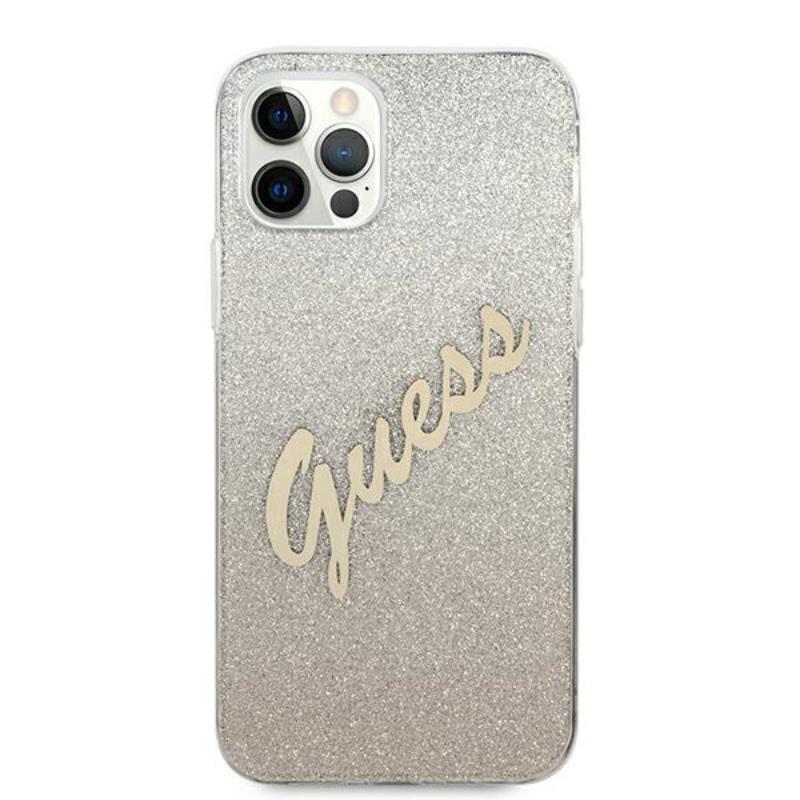 Guess Glitter Gradient Script – dėklas iPhone 12 Pro Max (aukso)