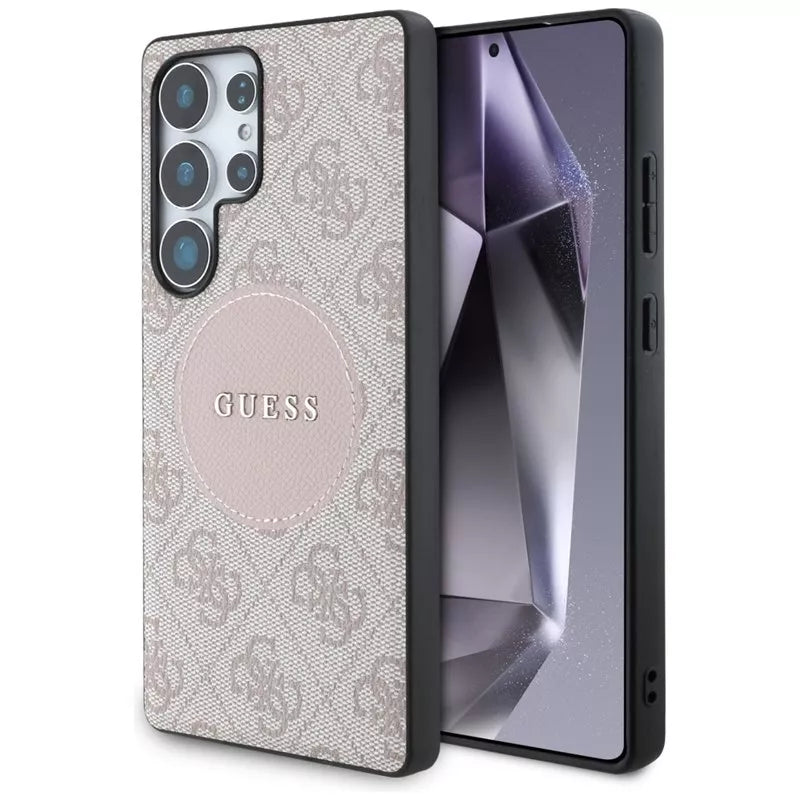 Guess 4G Round Patch Classic Logo MagSafe – Dėklas, skirtas Samsung Galaxy S25 Ultra (rožinis)