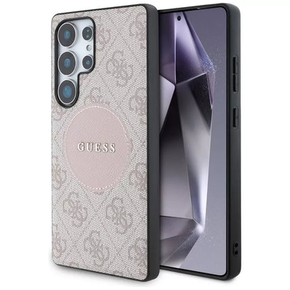 Guess 4G Round Patch Classic Logo MagSafe – Dėklas, skirtas Samsung Galaxy S25 Ultra (rožinis)