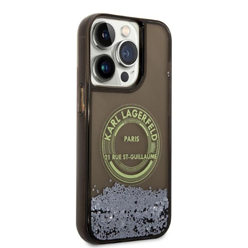 Karl Lagerfeld Liquid Glitter Round RSG Logo dėklas – dėklas, skirtas iPhone 14 Pro (juodas)