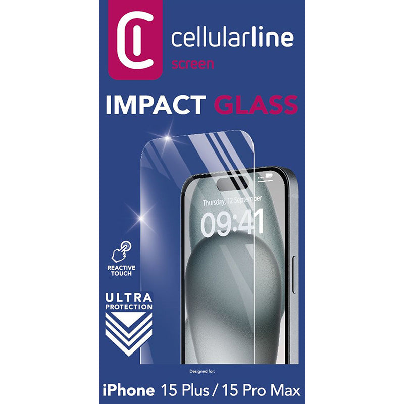 Cellularline Impact Glass - Grūdintas apsauginis stiklas, skirtas iPhone 15 Plus / iPhone 15 Pro Max