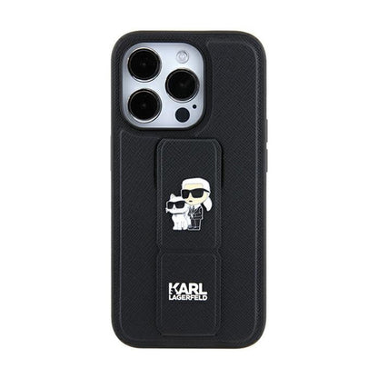 Karl Lagerfeld Gripstand Saffiano Karl & Choupette Pins - iPhone 11 dėklas (juodas)