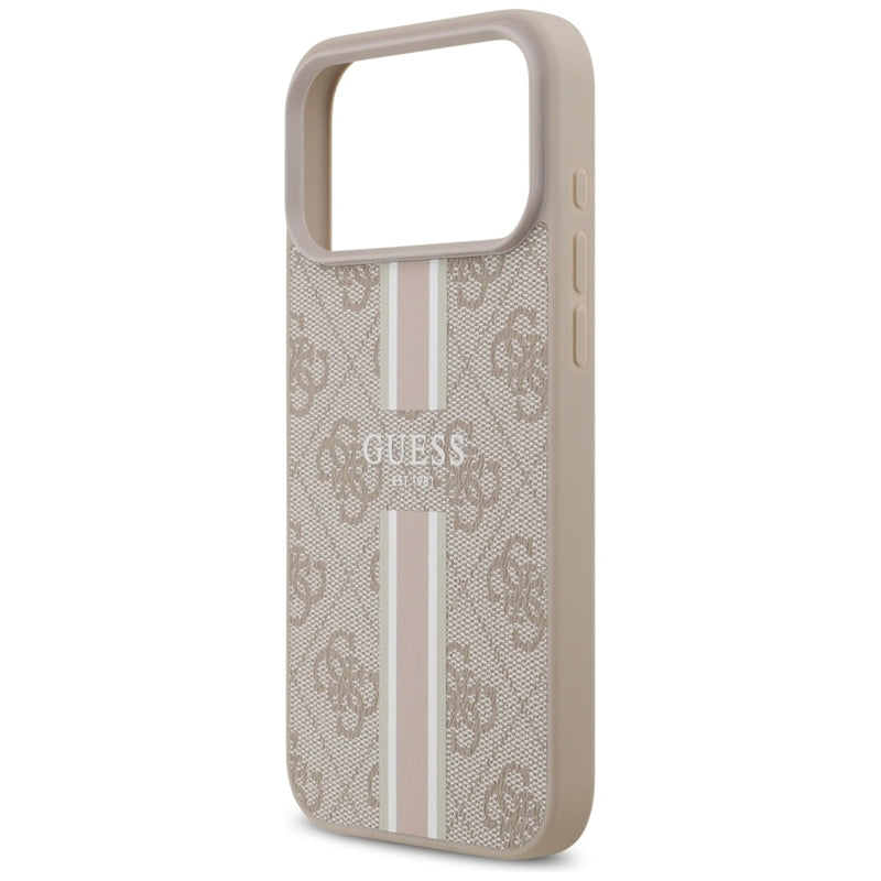 Guess 4G Spausdintos juostelės MagSafe dėklas iPhone 17 Pro Max (rožinis)