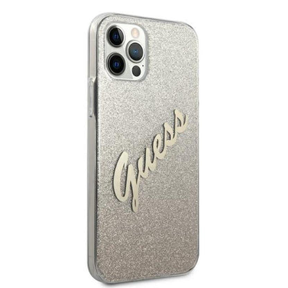 Guess Glitter Gradient Script – dėklas iPhone 12 Pro Max (aukso)
