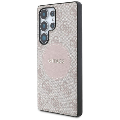 Guess 4G Round Patch Classic Logo MagSafe – Dėklas, skirtas Samsung Galaxy S25 Ultra (rožinis)