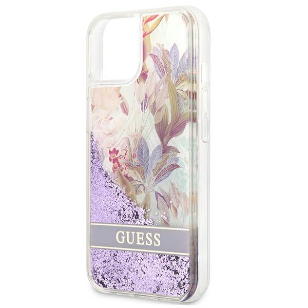 Guess Liquid Glitter Flower – „iPhone 13 mini“ dėklas (violetinis)