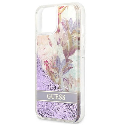 Guess Liquid Glitter Flower – „iPhone 13 mini“ dėklas (violetinis)