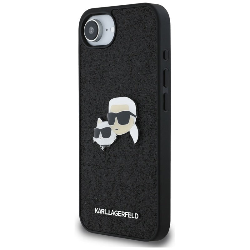 Karl Lagerfeld Dėklas iPhone 16e (juodas) su fiksuotais Karl & Choupette galvų metalo smeigtukais su blizgučiais