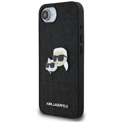 Karl Lagerfeld Dėklas iPhone 16e (juodas) su fiksuotais Karl & Choupette galvų metalo smeigtukais su blizgučiais