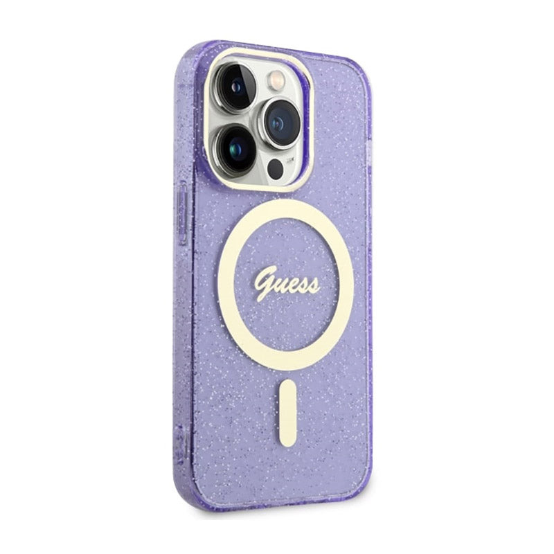 Guess Glitter Gold MagSafe – dėklas, skirtas iPhone 14 Pro Max (Violetinė)