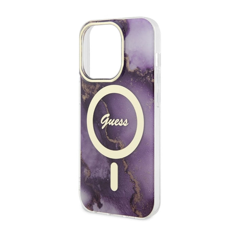 Guess Golden Marble MagSafe – dėklas, skirtas iPhone 14 Pro (Violetinė)