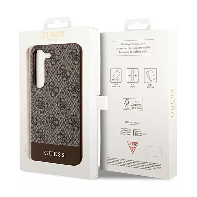 Guess 4G Bottom Stripe Metal Logo Collection - dėklas, skirtas Samsung Galaxy S23+ (rudos spalvos)