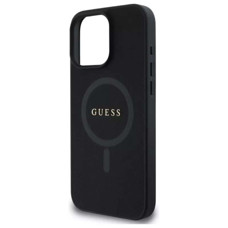 Guess Saffiano Classic Logo MagSafe - Dėklas skirtas iPhone 16 Pro Max (juodas)