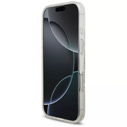 Guess IML Gėlės Elektrinis Perlų Dirželis MagSafe dėklas iPhone 17 (baltas)