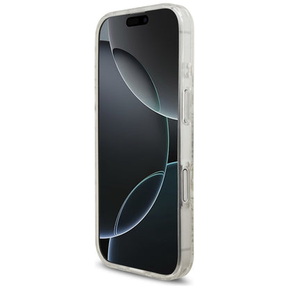 Guess IML Gėlės Elektrinis Perlų Dirželis MagSafe dėklas iPhone 17 (baltas)
