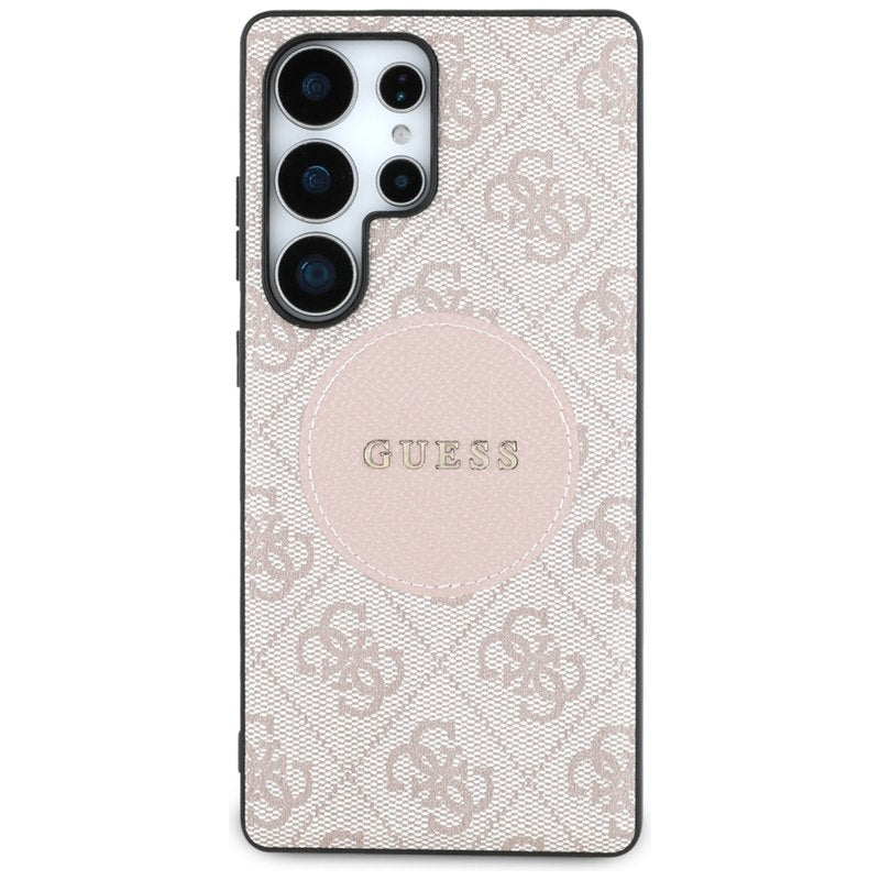 Guess 4G Round Patch Classic Logo MagSafe – Dėklas, skirtas Samsung Galaxy S25 Ultra (rožinis)