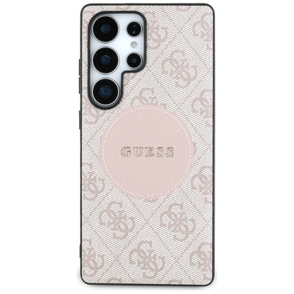 Guess 4G Round Patch Classic Logo MagSafe – Dėklas, skirtas Samsung Galaxy S25 Ultra (rožinis)