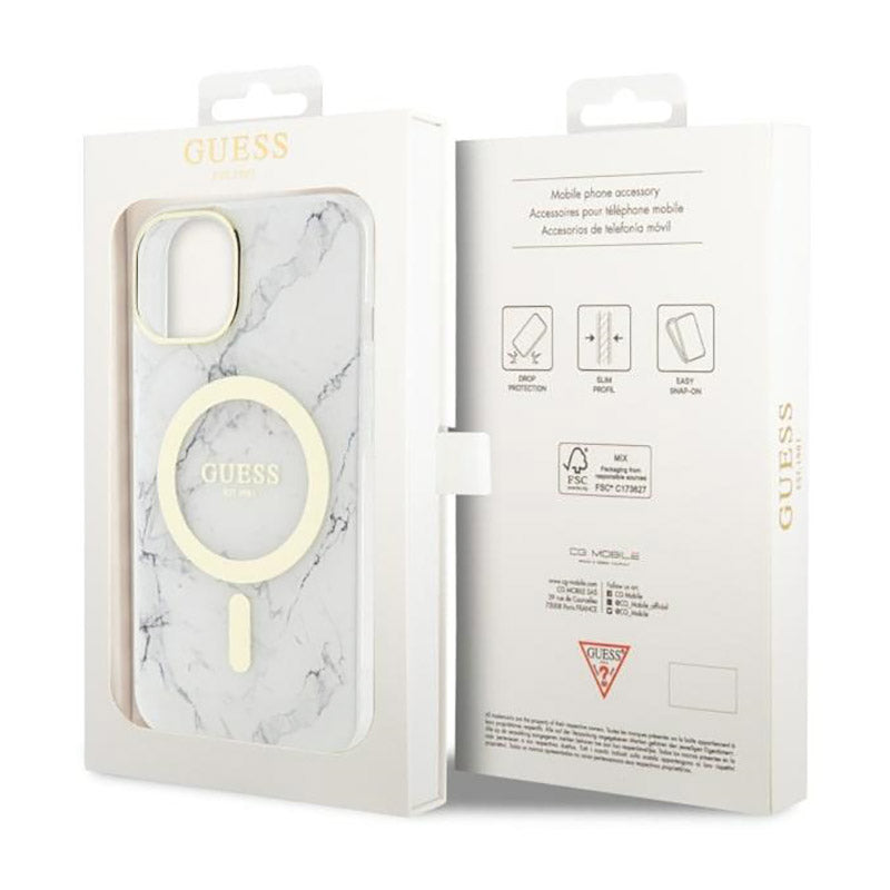 Guess Marble MagSafe – „iPhone 14 Plus“ dėklas („White“)