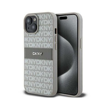 DKNY odinis dėklas „Mono Stripe & Metal Logo“ – skirtas „iPhone 15“ / „14“ / „13“ (smėlio spalvos)
